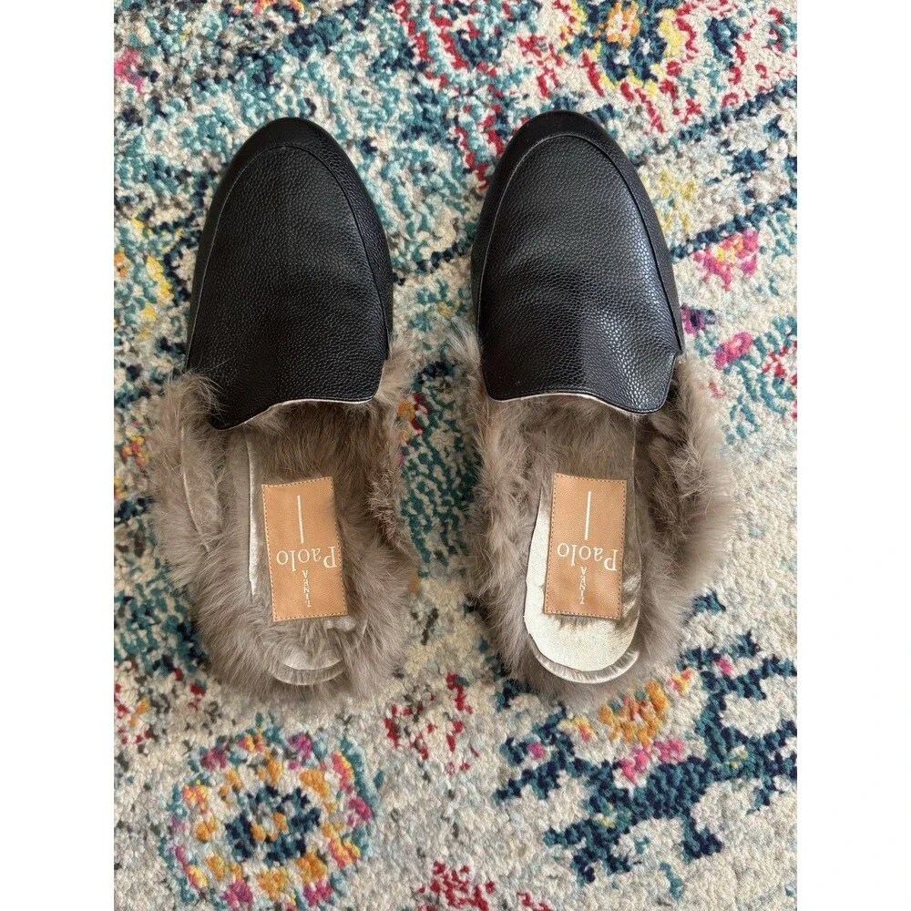 Linea Paolo Black Leather Mules‎ with Rabbit Fur Lining Women's Size 8.5M